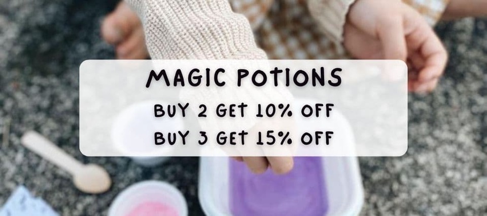 Little hands mixing colorful magic potions. Enjoy enchanting discounts: 10% off for 2 potions, 15% off for 3. Mix, match, and save!