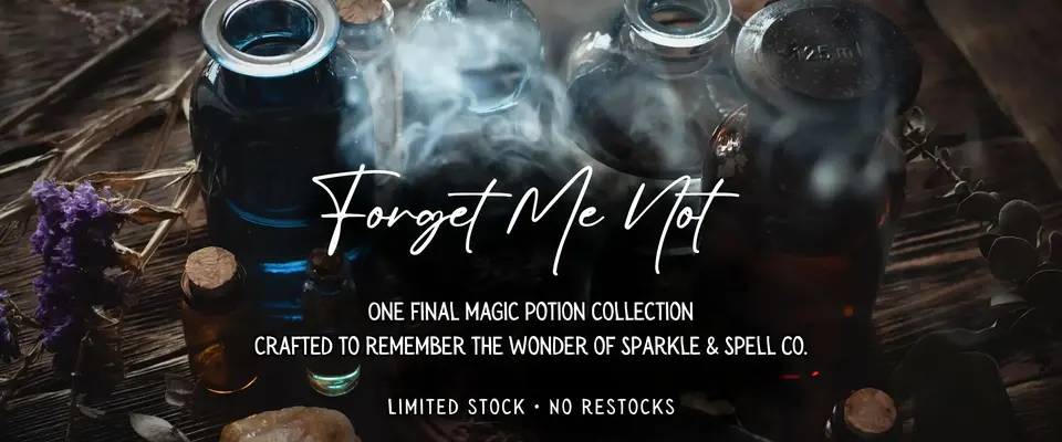 Sparkle & Spell Co. The Final Spell collection banner featuring handmade magic potion bottles, crystals and spellbooks — limited stock magical gifts with free NZ shipping.