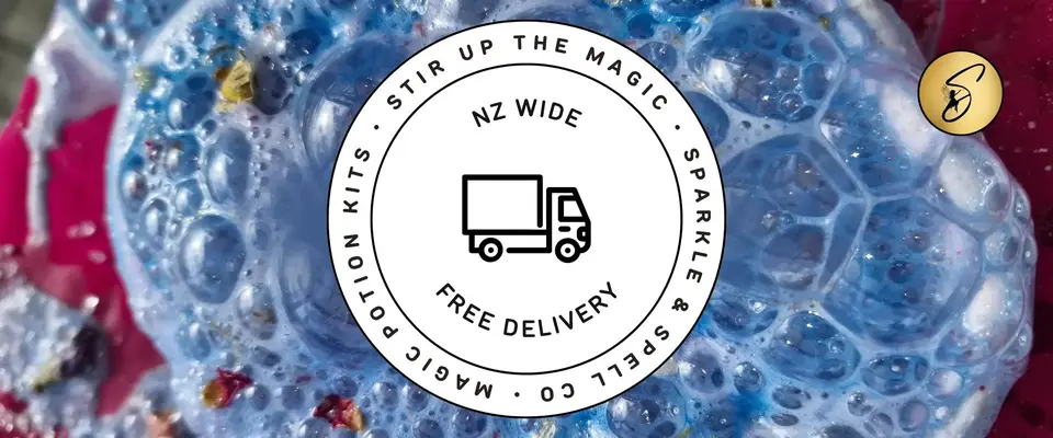 Sparkle & Spell Co. Free Delivery NZ-Wide banner – colourful blue bubbling potion with flowers and text ‘NZ Wide Free Delivery.’