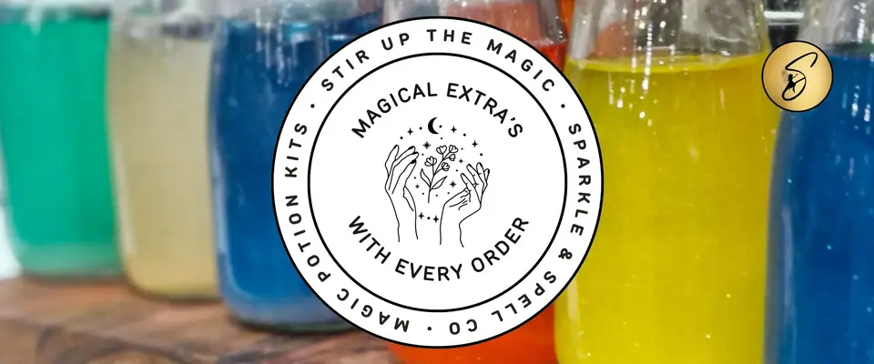 Sparkle & Spell Co. Magical Extras banner – colourful potion bottles in blue, yellow and red with text ‘Magical Extras with Every Order.
