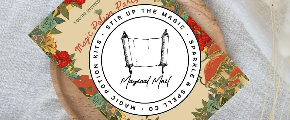 Whimsical invitation scroll from Sparkle & Spell Co. Magical Mail – printable potion party invites for kids.