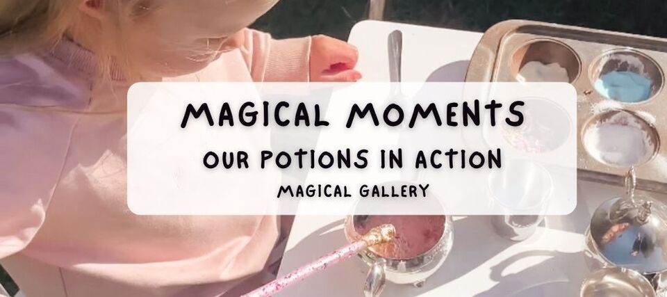 a little girl in pink sits at a table and plays with Sparkle & Spell Co. Magic Potions