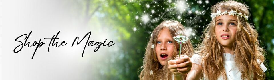 Two young girls in the forest making a wish with a wand - Shop the Magic at Sparkle & Spell Co.