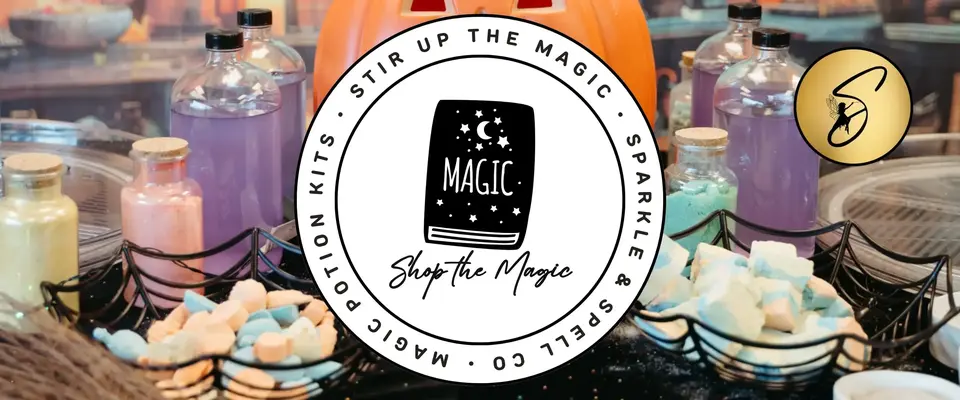 Colourful display of magical potions, crystals, and treasures with Sparkle & Spell Co. logo – Shop all handmade magic gifts and sensory play products for kids NZ.