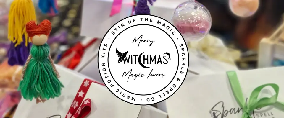 Merry Witchmas banner by Sparkle & Spell Co., featuring handcrafted magical ornaments, gift boxes, and a festive Witchmas logo. Christmas potion gifts and stocking stuffers for kids NZ.